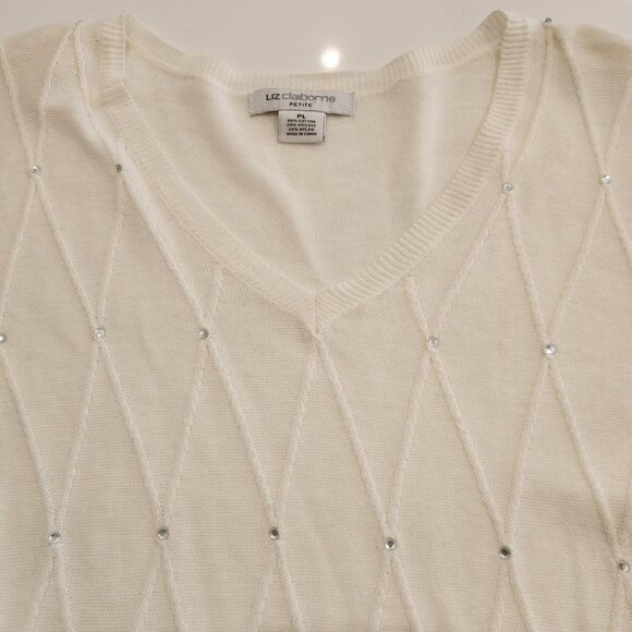 Liz Claiborne Sz LP White Cotton Blend Pullover Diamond Sweater Pettie Women Top - Picture 6 of 10